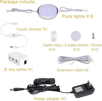 LED Under Cabinet Lighting Kit,6 Pack Linkable Puck Lights with Touch Dimmer,Wired Plug in Under Counter Lighting for Curio Bar, Kitchen, Cupboard,Bookcase,Closet Furniture (6000K Daywhite)