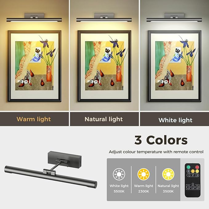 Joosenhouse Battery Operated Wireless Picture Light with Adjustable Swing Arm, Dimmable with Remote Control and Timer, 16.53 Inch Brushed Grey Rechargeable Display Light for Art and Gallery Displays