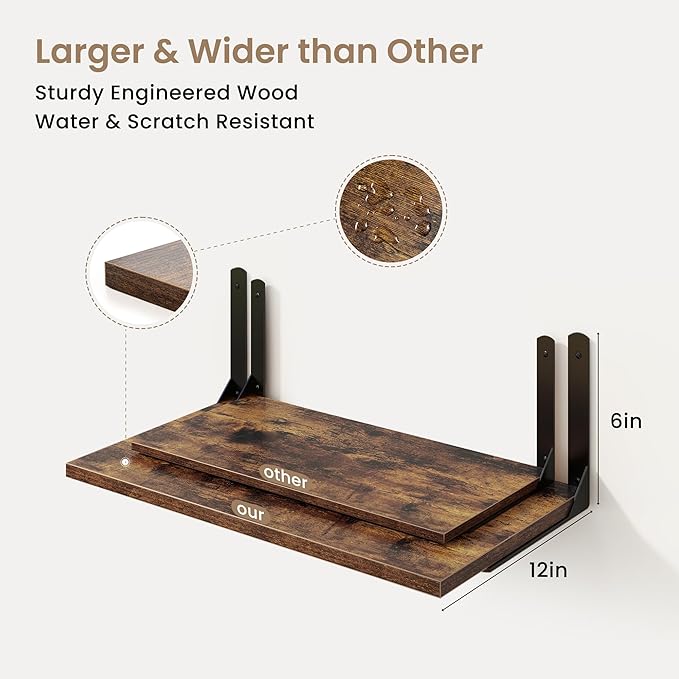 Floating Shelves for Wall, 12 Inch Deep Floating Shelves Set of 2, Wall Mounted Shelf with Metal Brackets, Rustic Wood Shelf for Bathroom, Kitchen and Living Room, Rustic Brown, 24W x 12D
