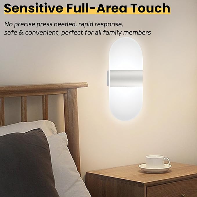 Modern Wall Sconces,2 PCS Acrylic LED Wall Lamp for Living Room Bedroom Hallway,Rechargeable USB Battery Operated,Adjustable Light,Bedside Lights,Touch Control Switch White Light(Arc-Shaped)