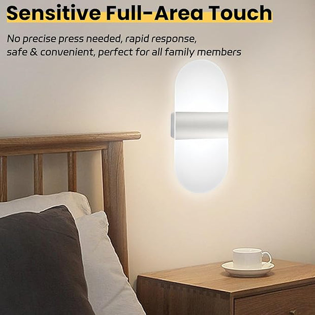 Modern Wall Sconces,2 PCS Acrylic LED Wall Lamp for Living Room Bedroom Hallway,Rechargeable USB Battery Operated,Adjustable Light,Bedside Lights,Touch Control Switch White Light(Arc-Shaped)