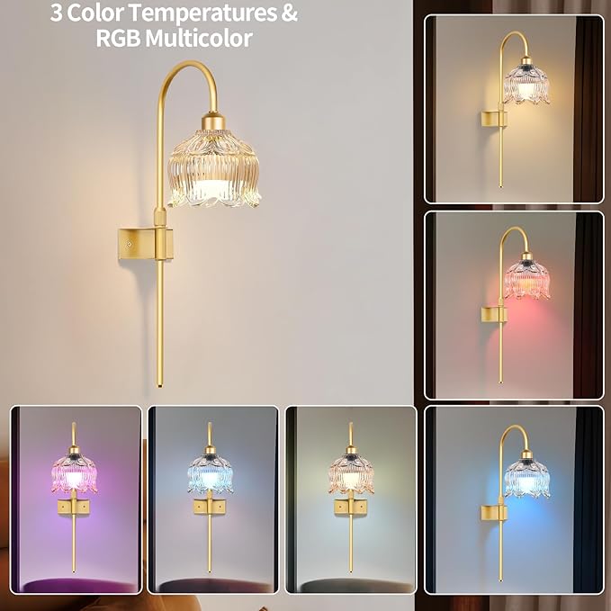 Vintage Battery Operated Wall Sconce with Flower Glass lampshade,Dimmable Battery Operated Wall Sconces Set Of Two,Rechargeable Battery Wall Lights lamp with13 Colors for Bedroom Living Room Hallway