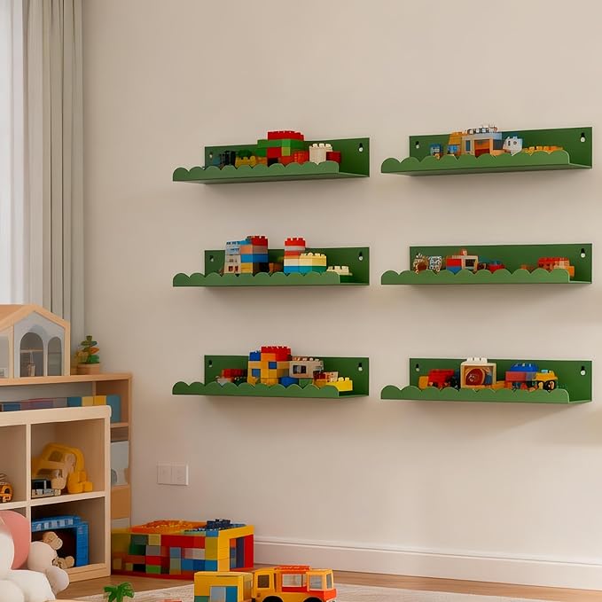 Nursery Book Shelves Set of 6, Green Metal Floating Shelves for Wall, 16 Inch Scalloped Book Shelf for Kids Room, Bathroom, Bedroom, Playroom Wall Decor & Storage