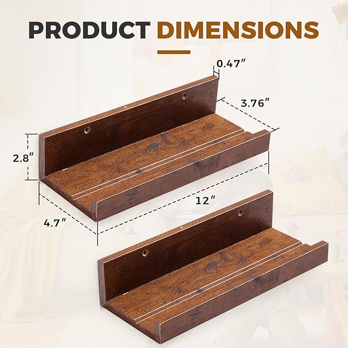 Muzilife 12" Small Floating Wall Ledge Shelves with Lip - Set of 2 Wood Floating Shelves - Honey Brown Wall Mounted Picture Ledge for Office, Bathroom, Bedroom, Living Room, Kitchen
