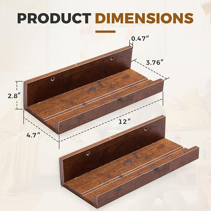 Muzilife 12" Small Floating Wall Ledge Shelves with Lip - Set of 2 Wood Floating Shelves - Honey Brown Wall Mounted Picture Ledge for Office, Bathroom, Bedroom, Living Room, Kitchen