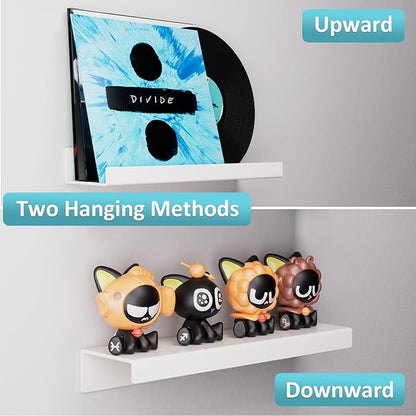 Albumgit 2 Pack Acrylic Shelves for Wall Storage, Self-Adhesive 15" White Floating Shelf for Figures, Photo, Makeup, Book, Wall Mounted Shelves for Bathroom, Living Room, Bedroom, Kitchen