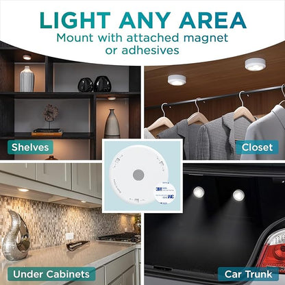 Brilliant Evolution LED Tap Light Push Lights with Remote - 6-Pack Battery Operated Under Cabinet Lights - Stick On Puck Lights for Kitchen, Closet, and Night Lighting - Wireless Warm White, 55 Lumens