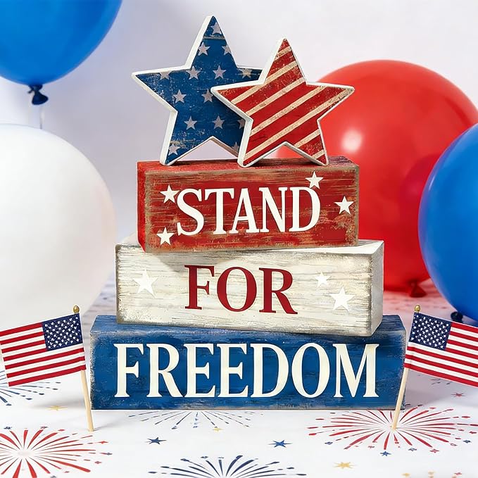4th of July Table Decorations Patriotic Memorial Day Tiered Tray Decor Wooden Stars Block Signs Independence Farmhouse 250th July Fouth Centerpiece for Tables Wooden Sign for Home Decor