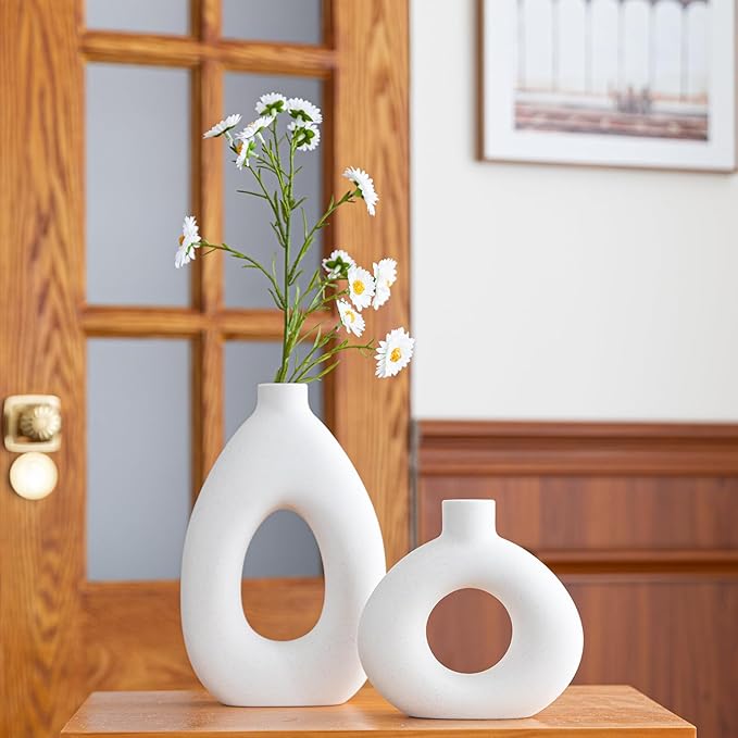 White Ceramic Vase Set of 2 for Modern Home Decor, Round Matte Donut Vases for Pampas Grass, Boho Nordic Minimalism Style Modern Flower Vases for Living Room Table Bookshelf Office Bedroom