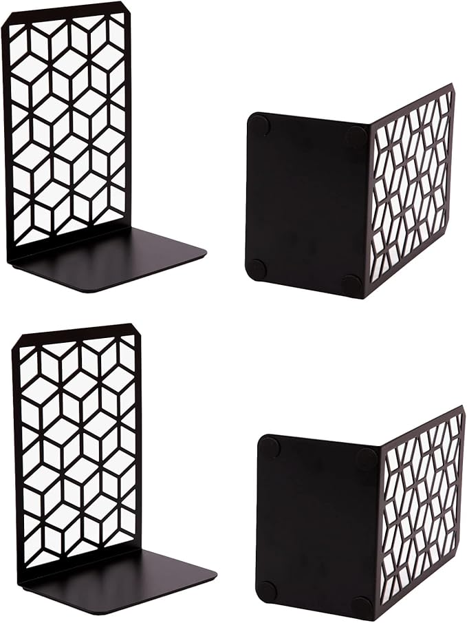 Geomod 3D Cube Black Metal Bookends Decorative for Heavy Books - Sturdy Boho Book Stops - Minimal Book Shelf Stopper - Durable Office Bookends - Weighted Metal Book Holders - 7x4.75 Inches - 2 Pair