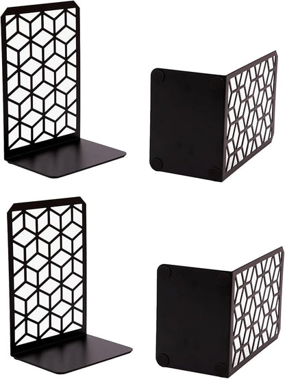 Geomod 3D Cube Black Metal Bookends Decorative for Heavy Books - Sturdy Boho Book Stops - Minimal Book Shelf Stopper - Durable Office Bookends - Weighted Metal Book Holders - 7x4.75 Inches - 2 Pair