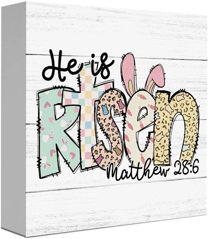 Funny Easter Christian Sign Easter Bunny Decor Religious Jesus Bunny Rabbit Decor Decorations for Home Office Desk Tiered Tray He Is Risen Matthew 28:6 Sign 5 X 5 Inch