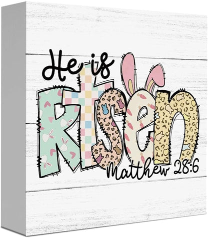 Funny Easter Christian Sign Easter Bunny Decor Religious Jesus Bunny Rabbit Decor Decorations for Home Office Desk Tiered Tray He Is Risen Matthew 28:6 Sign 5 X 5 Inch