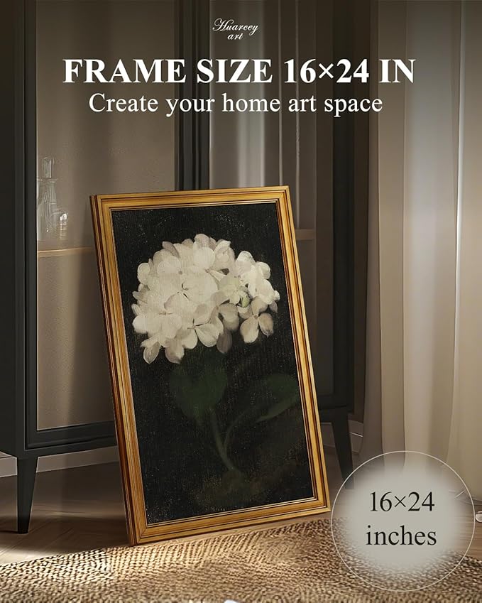 HUARCEY Gold Framed Vintage Wall Art for Living Room, Flowers Painting Canvas Prints Shelf Decor for Kitchen, Aesthetic Bedroom Wall Art, Christmas Gifts for Friends Family (White Hydrangea 16