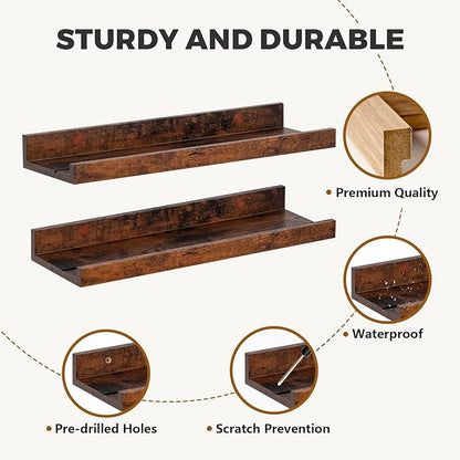 Muzilife 16" Floating Wall Ledge Shelves with Lip - Set of 2 Wood Floating Shelves - Widened Brown Wall Mounted Picture Ledge for Office, Bathroom, Bedroom, Living Room, Kitchen