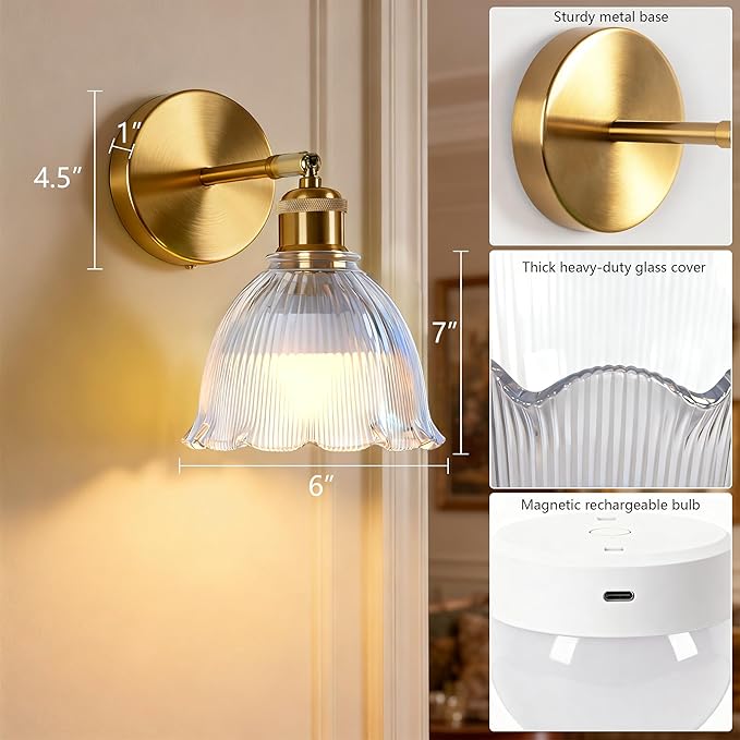 Vintage Battery Operated Wall Sconce with Transparent Ripple Glass Lampshade Rechargeable Battery Powered Wall Light with Remote Control for Bedside Bedroom Bathroom, Set of 2