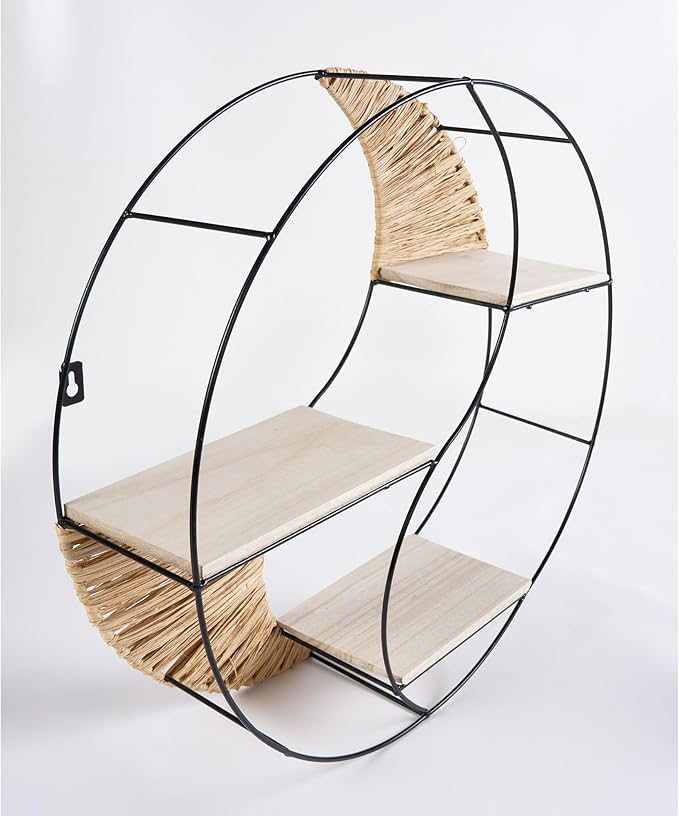 Urban Lifestyle Round Wall Shelf, Yin Yang Floating Shelf with Metal Frame, Boho Woven Wood Wall Decor, Modern Circular Hanging Shelf for Living Room, Bedroom, Entryway