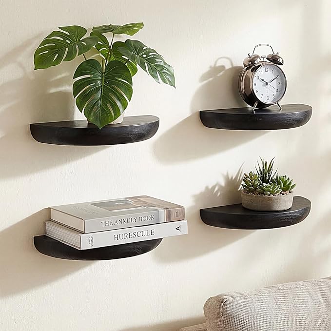 4 Pcs Solid Wood Half Round Floating Wall Shelves, Elegant Floating Wooden Shelves, 8.27 Inch Wall Shelf for Living Room, Bathroom, Bedroom, Offices, Pictures Plant Book (Black)