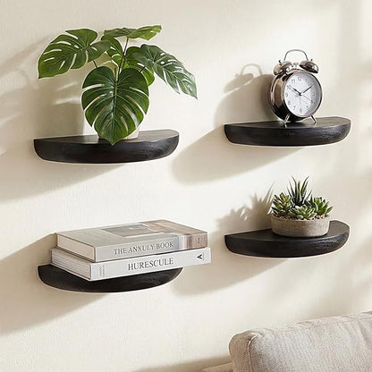 4 Pcs Solid Wood Half Round Floating Wall Shelves, Elegant Floating Wooden Shelves, 8.27 Inch Wall Shelf for Living Room, Bathroom, Bedroom, Offices, Pictures Plant Book (Black)
