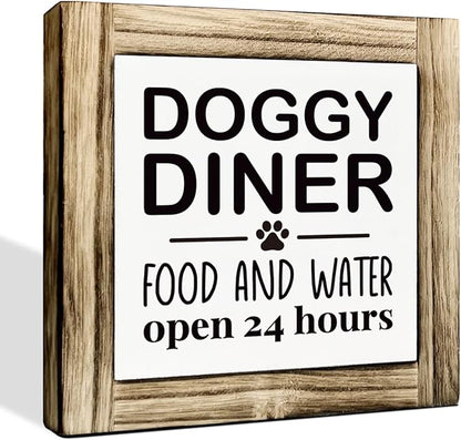 Pet Wood Sign - Doggy Diner - 24 Hour Food & Water Sign, Tabletop Decor