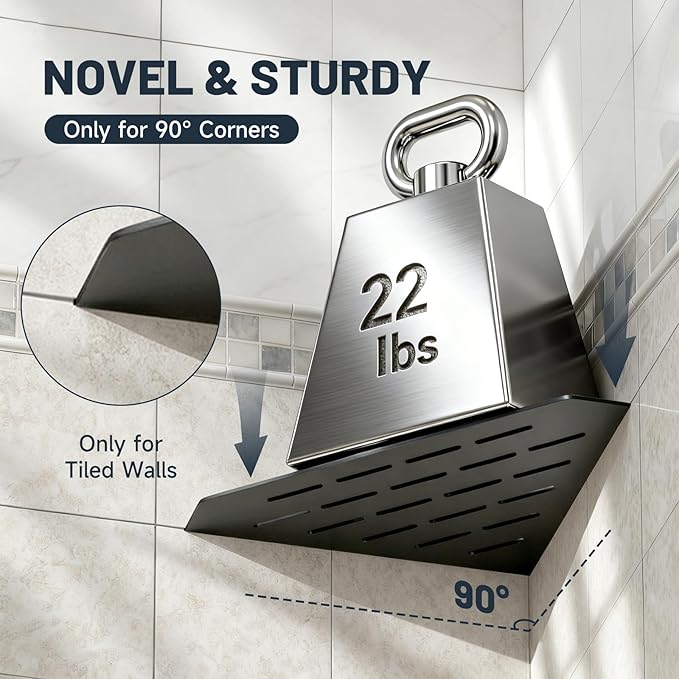 BWE 10" Corner Shower Shelves, 304 Stainless Steel Floating Corner Sheves for Wall, Heavy Duty Recessed Bathroom Shower Shelves Slot Design for Tiled Wall, No Drilling Needed 2 Pack Matte Black