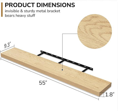 Fun Memories 55 Inch Floating Shelves - 9 Inch Deep Rustic Wooden Wall Shelves - Extra Deeper & Thicker Wall Mounted Storage Shelf for Living Room, Kitchen, Farmhouse - 55" W x 9" D x 1.8" H - Oak