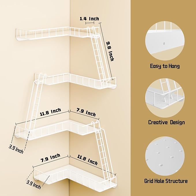 Fire Escape Wall Shelf - Modern City Style 4-Tier Corner Wall Shelves, Easy to Install Metal Ladder Shelf for Figures, New York Decorative Shelves for Bathroom, Living Room & Home Decor,White