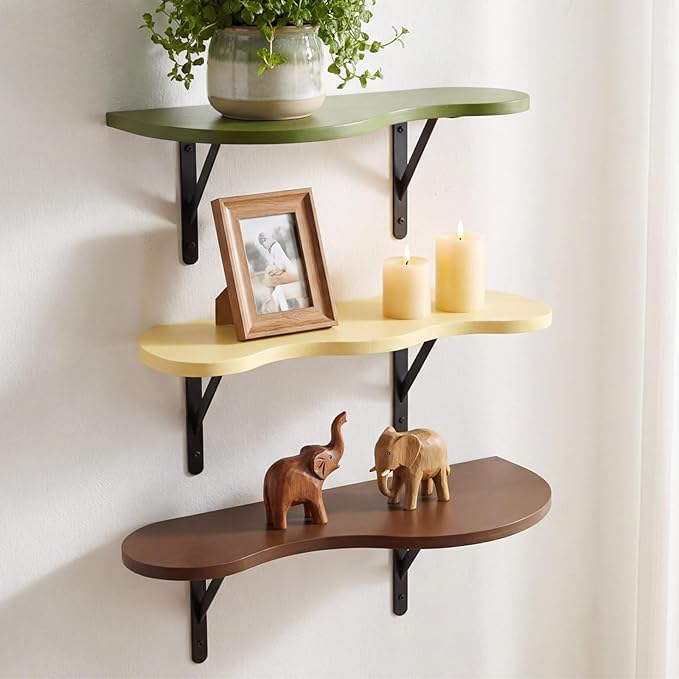 3 Pcs Mid Century Floating Shelves Wavy Cloud Shelves Wooden Shelf Live Edge Wall Mount Shelf Rustic Farmhouse Mid Century Modern Ledge for Bedroom Living Room Home Decor Housewarming Gifts