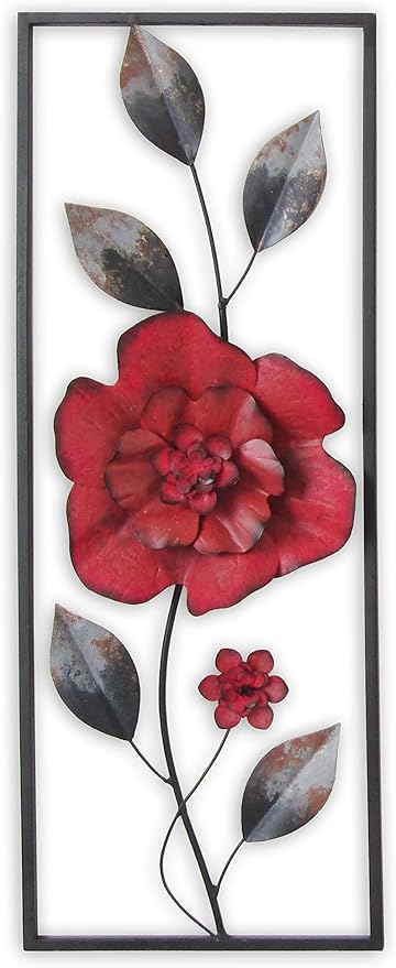 All American Collection New Modern Chic Aluminum/Metal Wall Decor Frame 12"x30" (Red Flower)