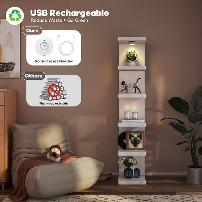 6-Tier Wall Shelf Unit with USB Rechargeable Led Light (Remote Controlled),Versatile Floating Display Shelves,Lack Style Wall Shelves for Bedroom,Living Room,Office Decor,Vanity-White
