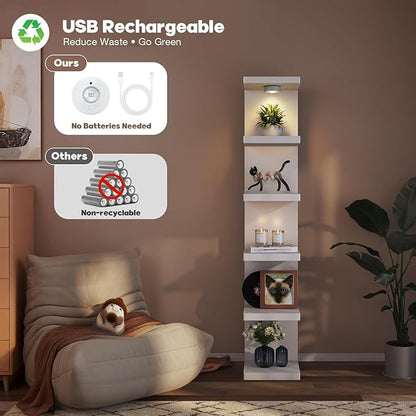 6-Tier Wall Shelf Unit with USB Rechargeable Led Light (Remote Controlled),Versatile Floating Display Shelves,Lack Style Wall Shelves for Bedroom,Living Room,Office Decor,Vanity-White