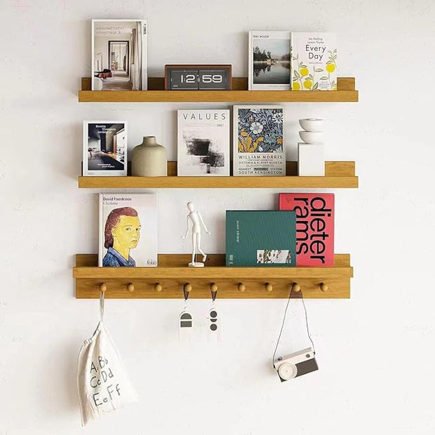 MBYD Floating Shelves 36 Inch, Nursery Book Shelves for Kids Room, Hanging Bookshelf with Hooks Set of 3, Light Walnut Wood Picture Ldge Shelving, Kitchen Wall Shelf Spice Rack for Bedroom Bathroom