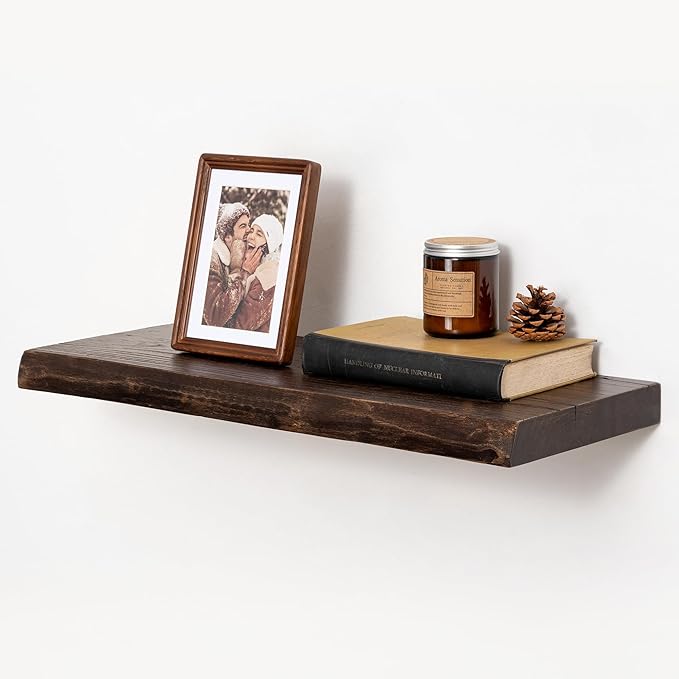 fuqing Live Edge Floating Shelves for Wall - Rustic Solid Elm Wood Floating Shelves 24 Inch - 9 Inch Deep Natural Wooden Wall Shelves with Upgraded Heavy Duty Brackets and Anchors