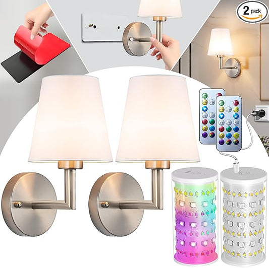 Peel and Stick Wall Sconces, Stick On Wall Sconce Set of 2, Battery Operated Wireless Wall Light, No Drill Adhesive Wall Lamp, Corn Bulb with 10000mAh Rechargeable Battery, Bedroom Wall Decor