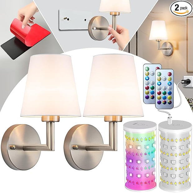 Peel and Stick Wall Sconces, Stick On Wall Sconce Set of 2, Battery Operated Wireless Wall Light, No Drill Adhesive Wall Lamp, Corn Bulb with 10000mAh Rechargeable Battery, Bedroom Wall Decor