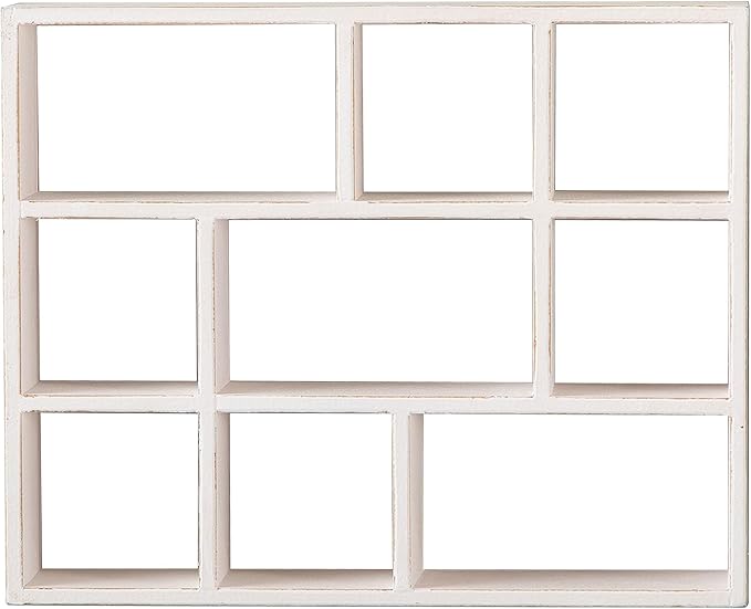 SOFE Small White Shadow Box with Shelves, Wall Shelving Unit 9-Compartments, Freestanding or Wall Mounted Curio Cabinet, Knick Knack Display Shelf, Wood Floating Cube Shelves for Walls, Collectibles