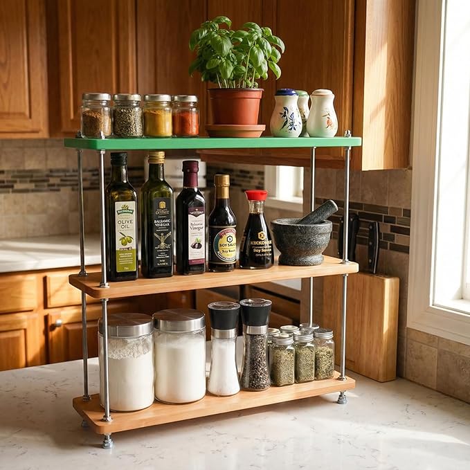 VINIUSIKI DIY Height-Adjustable 3 Tier Countertop Shelf Organizer, Kitchen Spice Rack for Countertop, Wood Coffee Counter Shelf Organizer for Home - 15.7