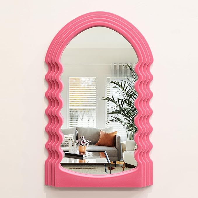 Wavy Wall Mirror for Living Room Decor, Velvet Finish Funky Wall Mounted Mirror for Girly Bedroom Decoration, Cute Hanging Sculpture Home Accent for Dining Room Kitchen (Pink)