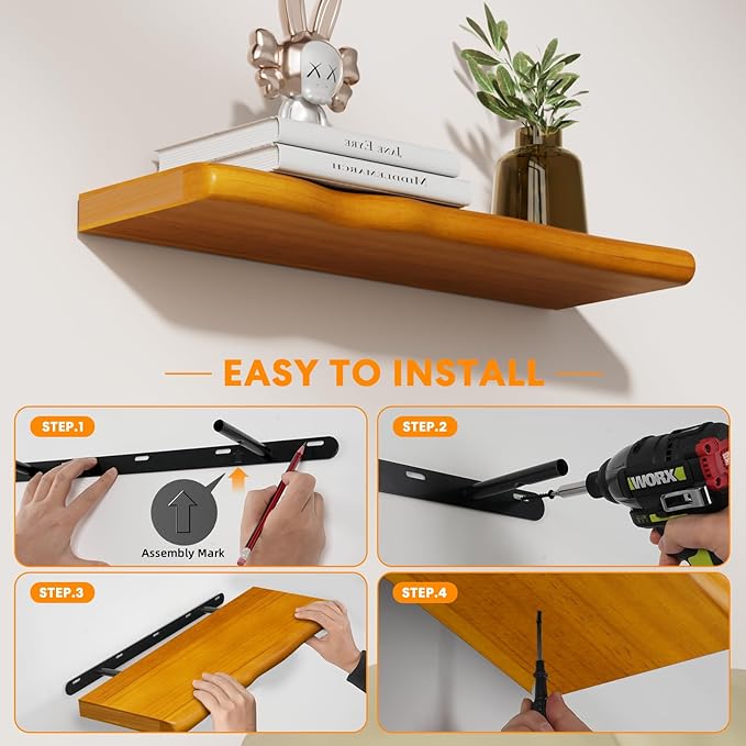Floating Shelves for Wall Rustic Farmhouse 48 Inch Floating Shelf Bathroom Wooden Shelves for Wall Mounted Live Edge Pine Shelf with Unique Natural Grain for Living Room Bedroom Kitchen (Honey Walnut)