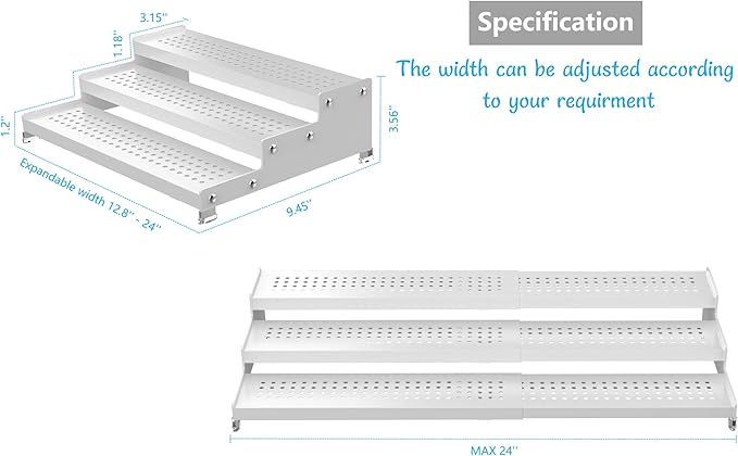 Spice Rack Organizer for Cabinet, 3 Tier Expandable shelf, Great for Kitchen Cabinets, Cupboard,Pantry and more,Metal plate with hole (1 Pack/White,9.45
