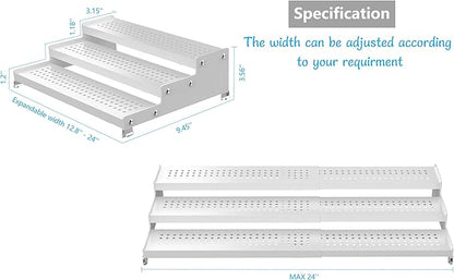 Spice Rack Organizer for Cabinet, 3 Tier Expandable shelf, Great for Kitchen Cabinets, Cupboard,Pantry and more,Metal plate with hole (1 Pack/White,9.45" D x 12.8"~24“L x 3.56" H)