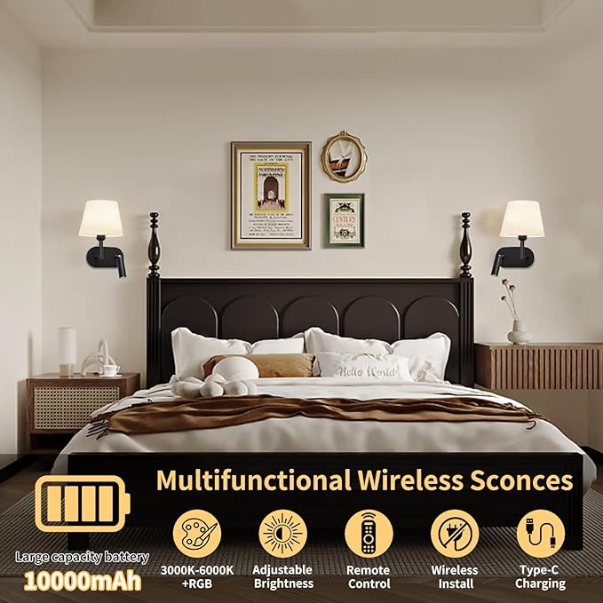 Battery Operated Wall Sconces Set of Two, Wireless Black Wall Lights with 10000mAh RGB Rechargeable Bulb and Remote Control, Sconces Wall Decor for Bedroom Living Room 11.2 in