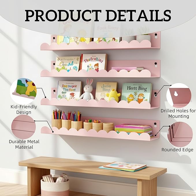 Nursery Book Shelves Set of 6, Pink Metal Floating Shelves for Wall, 16 Inch Scalloped Book Shelf for Kids Room, Bathroom, Bedroom, Playroom Wall Decor & Storage