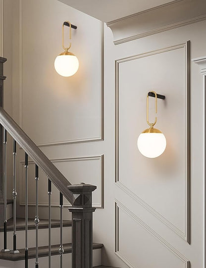 Battery Operated Wall Sconces Set of 2, Black & Gold Wireless Hanging Opal Glass Globe Wall Lamp with Touch & Remote, 12 RGB Colors & 3 Color Modes, Rechargeable Dimmable Wall Light for Bedroom
