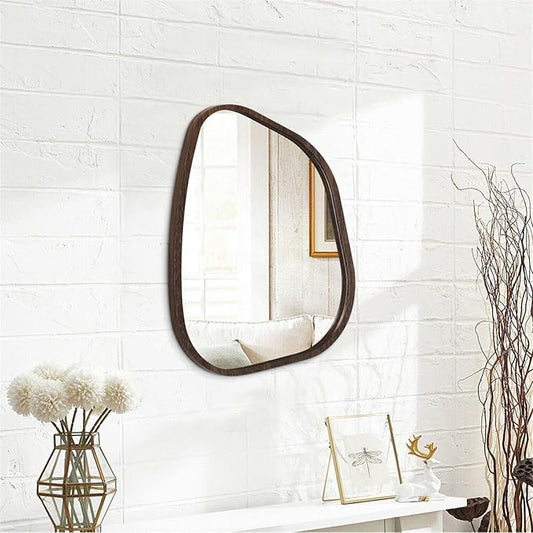 Irregular Wooden Framed Wall Mirror Modern Oval Asymmetrical Unique Hanging Mirror Artistic Wavy Mirror Decor Bathroom Vanity Bedroom Living Room Entryway Hallway Large Brown16 x12