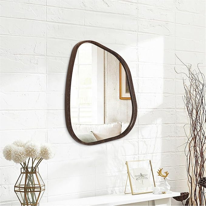 Irregular Wooden Framed Wall Mirror Modern Oval Asymmetrical Unique Hanging Mirror Artistic Wavy Mirror Decor Bathroom Vanity Bedroom Living Room Entryway Hallway Large Brown16 x12