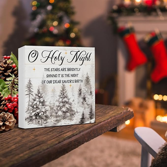 Holy Night Christmas Decor, Christian Decorations, Christmas the Nativity Wooden Sign Rustic Home Shelf Desk Decor 5 x 5 Inches