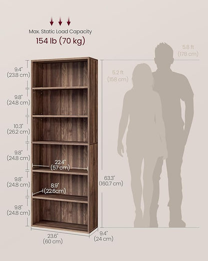 VASAGLE Custos Collection - Bookshelf, 6-Tier Bookcase, Book Shelf, Open Storage Shelf, 9.4 x 23.6 x 63.3 Inches, for Living Room, Home Office, Dining Room, Natural Walnut ULBC166K01
