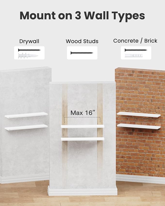 AMADA HOMEFURNISHING Floating Shelves Wall Mounted, 24 x 7 Inch Wall Shelves for Bathroom, Bedroom, Living Room, White Shelves Set of 2