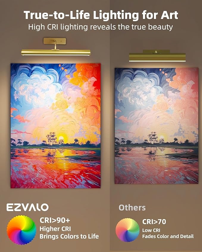 EZVALO 16'' Picture Lights for Wall, Rechargeable 6000mAh Painting Lights with Remote, Wireless Dimmable 3 Color Temperatures Art Lights for Gallery, Living Room, Hallway (Gold, 3 Pack)